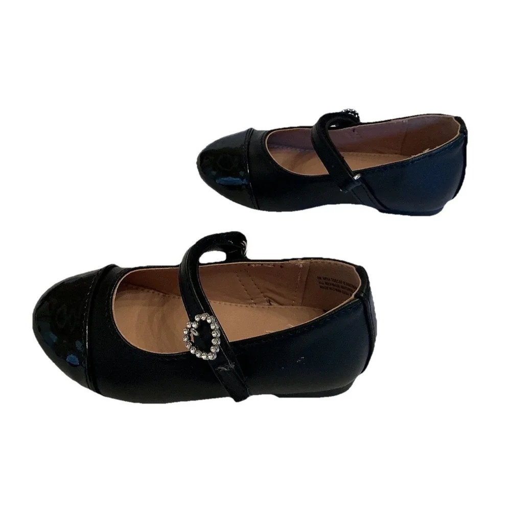 Girls Sugar Black Patent Leather Mary Jane Shoes‎ Heart Buckle - Toddler Size 6